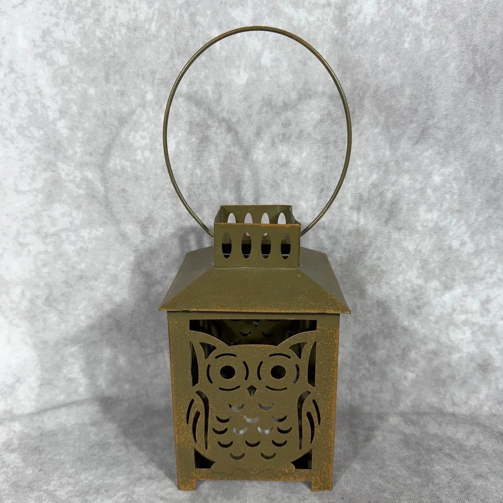 Vtg 90s‎ Y2K Rustic Metal Owl Lantern Tealight Distressed Bronze Hanging Decor